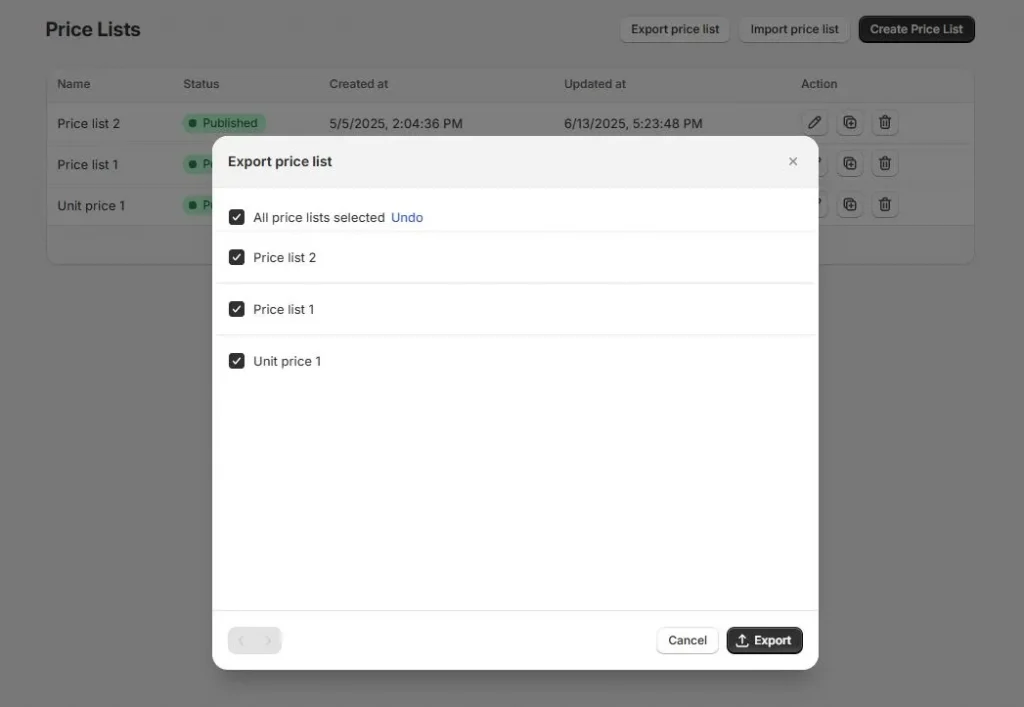 b2bridge.io import export price list feature