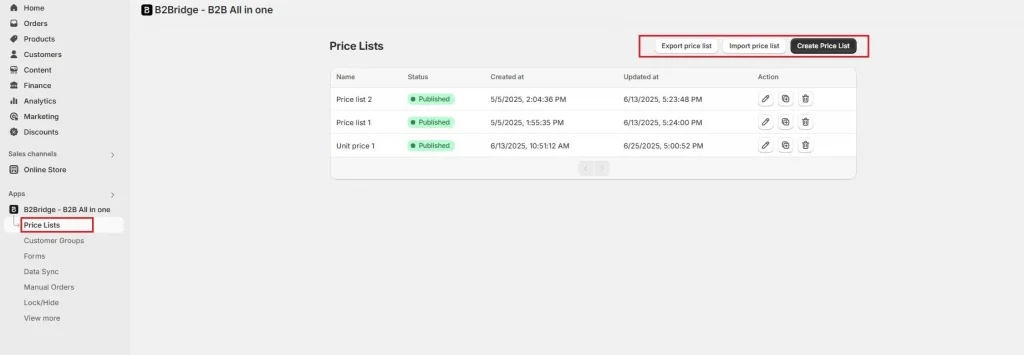 b2bridge.io import export price list feature