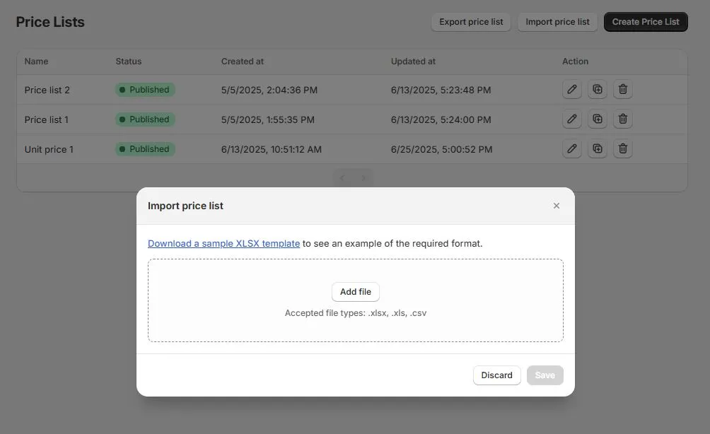 b2bridge.io import export price list feature