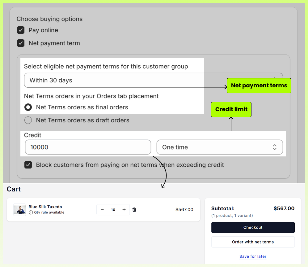 Net payment terms with credit limit