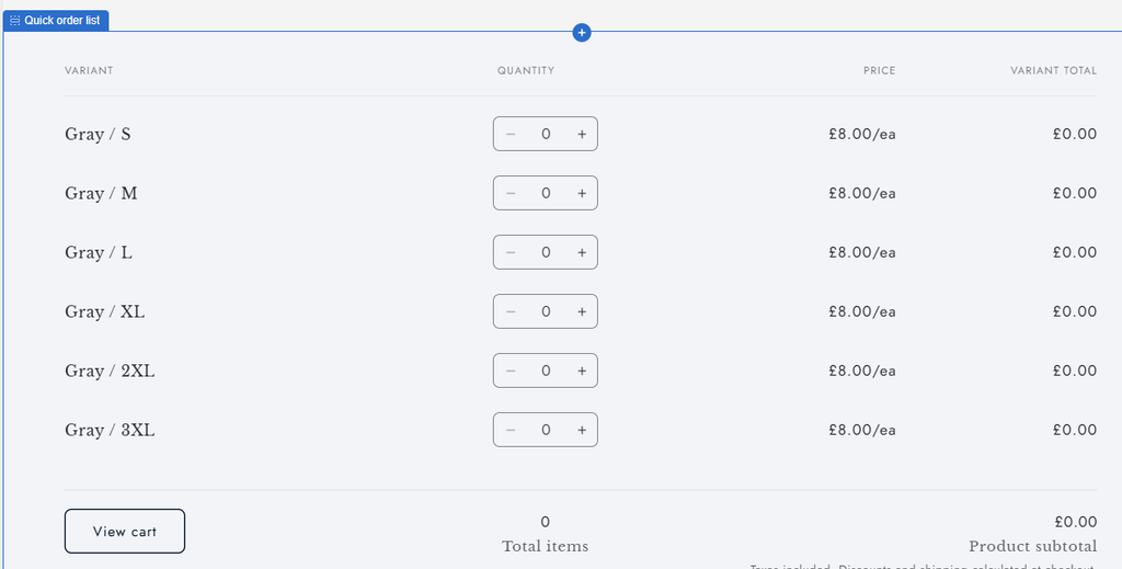 Shopify B2B quick order list