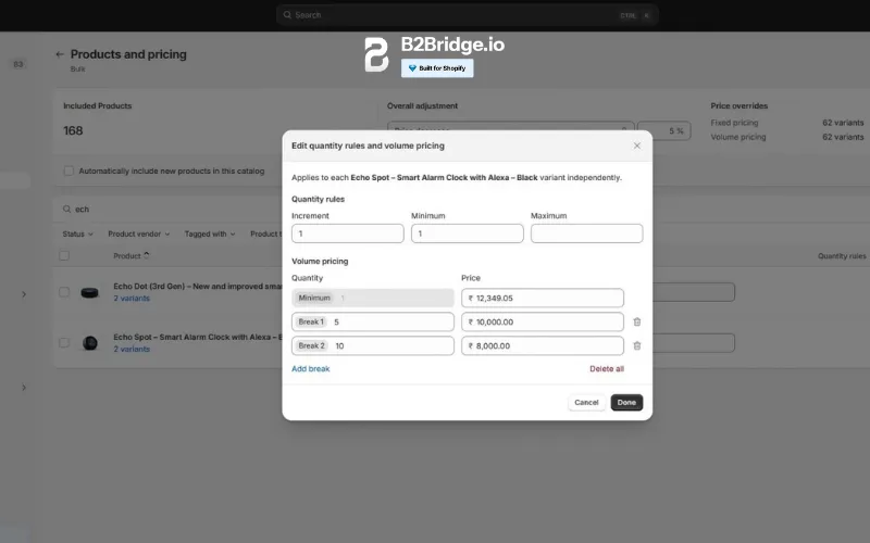 shopify b2b price lists by b2bridge.io