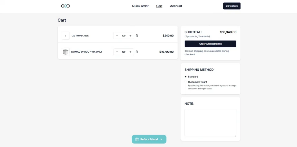 ogo compost toilet b2b cart order page with net term