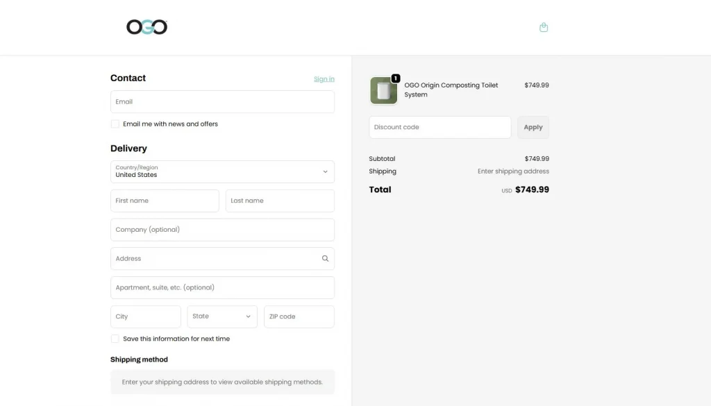 ogo toilet checkout page for retail view