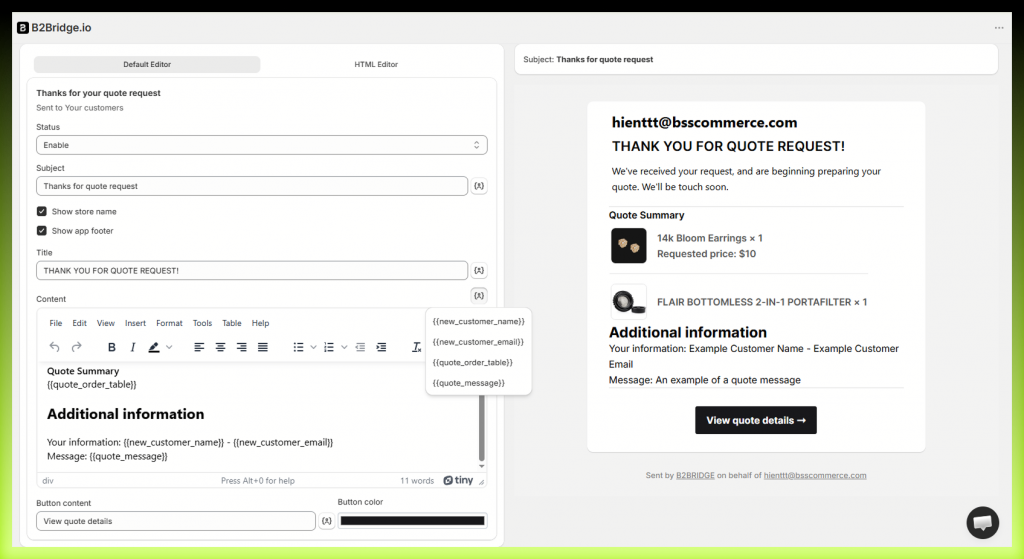RFQ confirmation email template in B2Bridge