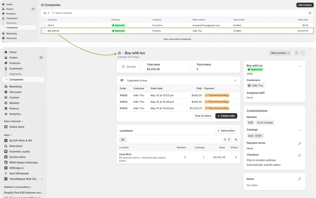 Shopify B2B feature: company account