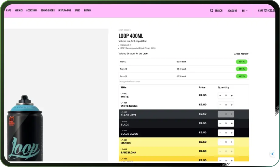 B2B product page with volume pricing, MOQs and increments