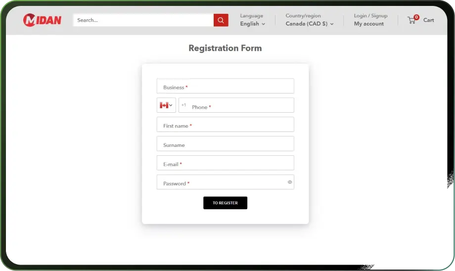 Wholesale registration form
