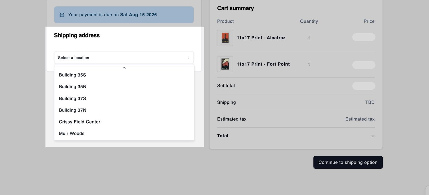 Buyers select a shipping location during checkout.
