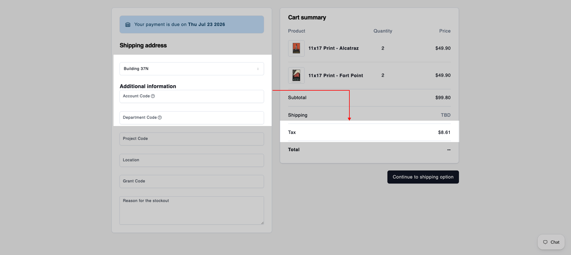 Shows predefined shipping to Muir Woods with calculated tax ($9.23) and required internal accounting codes.