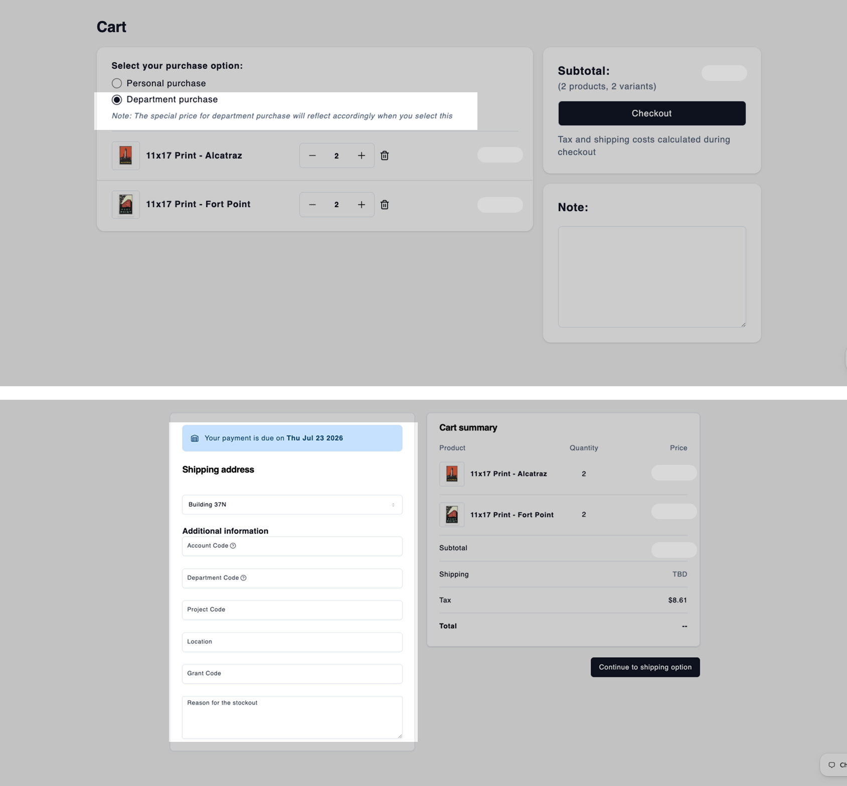 Department checkout with additional information and fixed tax