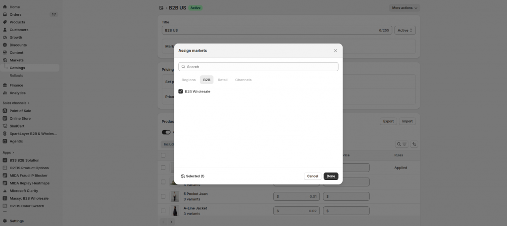Assign B2B Catalog to B2B market