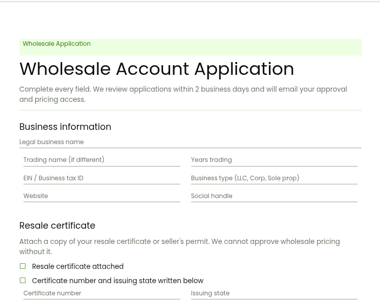 Wholesale application form