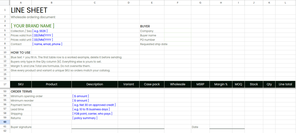 Wholesale line sheet template