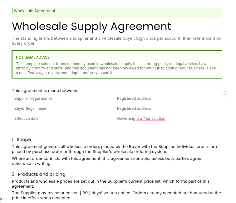 Wholesale Agreement Template for Order Terms