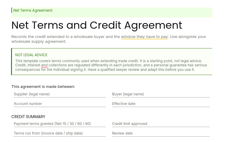 Net Terms Agreement Template for Credit Approvals
